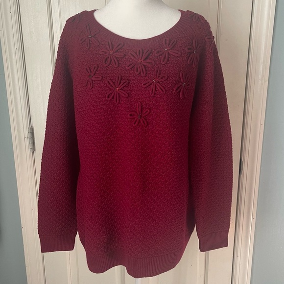 Talbots 100% Merino Wool Holiday Christmas Sweater Embroidered Burgundy Knit - Picture 3 of 9